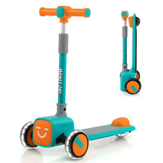 Folding Adjustable Kids Toy Scooter with LED Flashing Wheels Horn 4 Emoji Covers-Green
